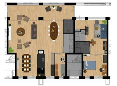 Plattegrond van de gedeelde keuken en woonkamer, wasmachineruimte, logeerkamer en studio