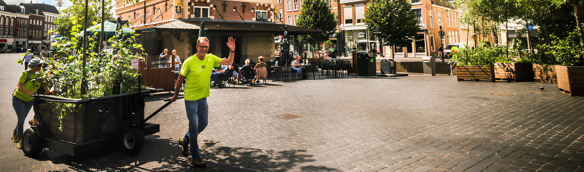 Man met een kar een een boom op een plein
